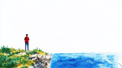 Obraz premium Person stands on cliff overlooking ocean, surrounded by greenery, evoking sense of tranquility and contemplation