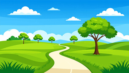 Serene rural road in open fields. Lush green fields and peaceful path. Scenic road through hilly landscape. Vibrant summer countryside road scene. Cloudy sky over rural road and fields