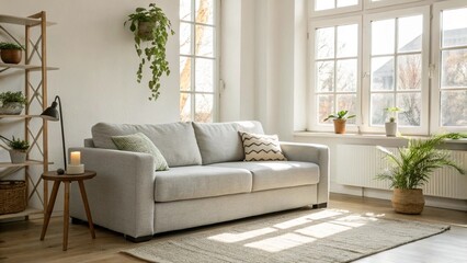 Obraz premium Bright and Minimalist Living Room Interior Cozy Gray Couch in a Sunlit Modern Apartment Comfortable Sofa and Elegant Decor in a Domestic Setting
