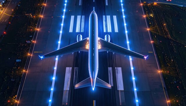 Top view airplane on runway at night.  Bright blue lights illuminate the plane and tarmac.