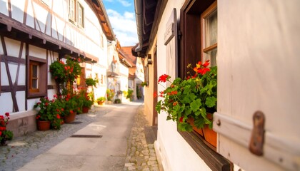 Fototapeta premium Quaint European alleyway with flowers