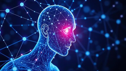 Futuristic human head neural network animation with glowing brain digital connection and ai technology in 4k video - Powered by Adobe