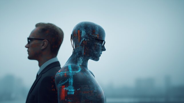 A futuristic humanoid AI agent robot and a human working as a team using agentic AGI technology and ASI superintelligence for autonomy during the future singularity