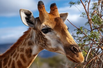 Obraz premium Closeup view of a giraffe head observed during a safari trip in Africa highlighting its unique features and natural habitat under a bright sky