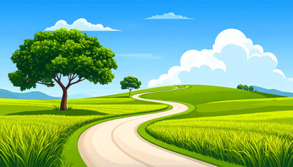 Serene country road under blue sky. Beautiful landscape with green fields. Tranquil road through grassy terrain. Rolling hills with a dirt path. Quiet countryside road and greenery