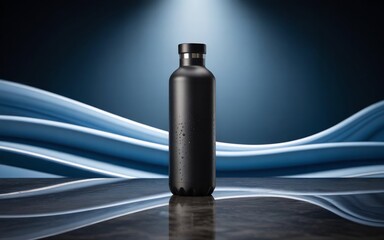 Fototapeta premium Minimalist Black Water Bottle Mockup on Blue Background