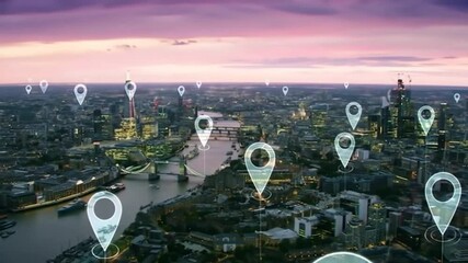 London cityscape at twilight, overlaid with numerous location markers - Powered by Adobe
