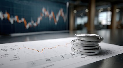 Coins stacked on a tablet screen displaying stock market trends during a financial analysis session