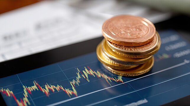 Coins stacked on a tablet screen displaying stock market trends during a financial analysis session - Powered by Adobe