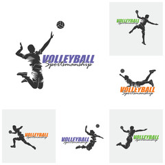 Set of Volleyball Player Logo Design Vector. Silhouette Volleyball Man Player Template Illustration