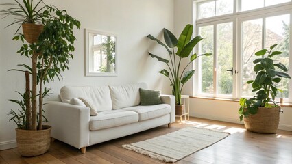 Bright and Airy Living Room with White Sofa and Plants
Modern Interior with a Large Indoor Plant and Wooden Floor
Sunlit Apartment with a Minimalist White Couch and Greenery