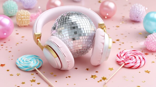 Retro disco ball with headphones and lollipops on pink party background