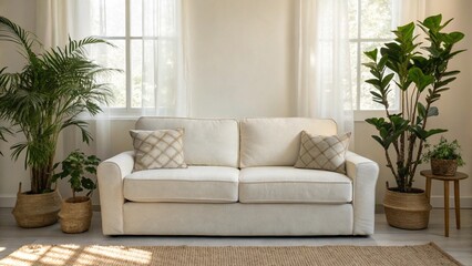 Fototapeta premium Modern Living Room with a White Couch and Indoor Plants Neutral Toned Interior with a Comfortable Sofa Bright and Minimalist Home Decor with Natural Light