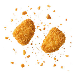 Two golden crispy chicken nuggets with crumbs isolated on transparent background
