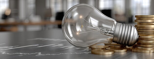 Light bulb rests on stacks of golden coins in a modern office setting during daylight hours