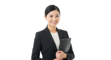 Smiling asian businesswoman holding folder isolated on transparent background