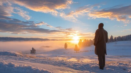 Obraz premium A person stands still in a snowy field, watching the sunrise illuminate the frosty landscape