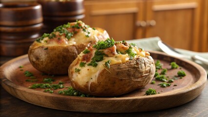 Two stuffed baked potatoes with cheese and greens.
Appetizing twice-baked potatoes filled with delicious toppings.
Comfort food dinner with cheesy baked potatoes on a wooden board.