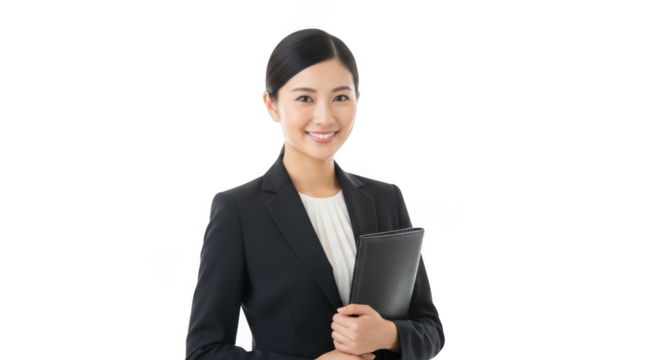 Smiling asian businesswoman holding folder isolated on transparent background - Powered by Adobe