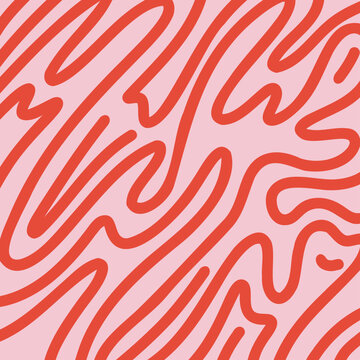 Abstract 70s Wavy Lines Background with Dynamic Strokes. Trendy Vector Illustration in Retro Style. Pink and Red colors