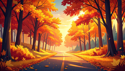 Autumn road with colorful leaves. Fall foliage on winding road. Beautiful fall landscape road. Scenic autumn street view. Tree-lined road in autumn