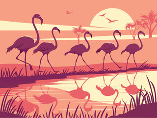 Colorful Flamingo Flock Illustration in Shallow Water with Vibrant CMYK Colors