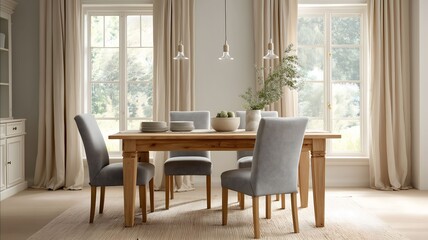 realistic photo of a full pine dining table in a calm cream and grey dining room focus on the light natural pine color of the table with soft visible wood grai.