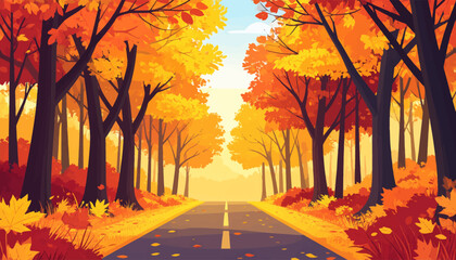 Vibrant fall leaves along a road. Autumn landscape on quiet road. Golden autumn colors on road. Calm autumn road through trees. Autumn foliage surrounding the road