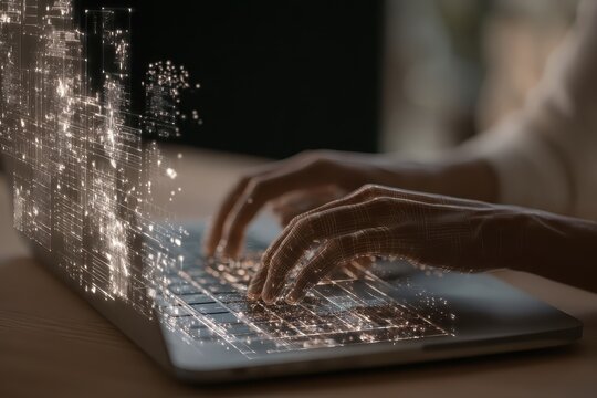 Engaging in ai interaction with a laptop at a cozy workspace in the evening
