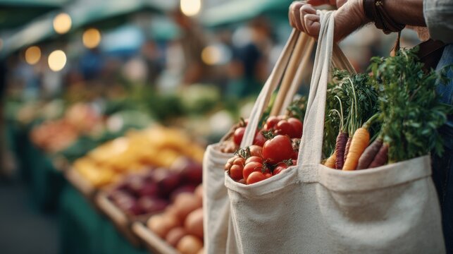 Medium shot of reusable shopping bags filled with fresh produce held out by a shopper detailed textures in focus blurred colorful farmers market stands behind.