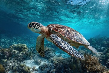 Fototapeta premium Green sea turtle Chelonia mydas glides gracefully over vibrant coral reef in clear tropical waters during midday sunlight