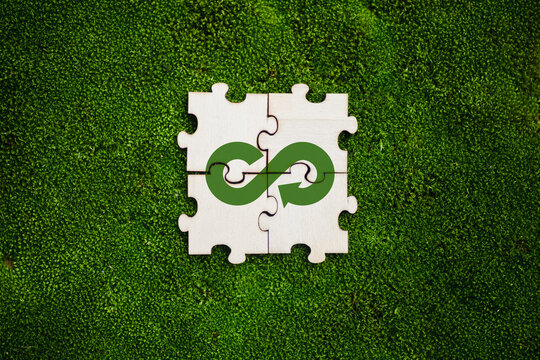 A collection of wooden puzzle pieces features a green infinity symbol, set on a vibrant moss background, highlighting the importance of sustainability and eco-friendly practices.