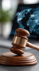 Wooden gavel rests on a table with abstract hexagonal shapes and a blurred background in a law-related setting during the evening
