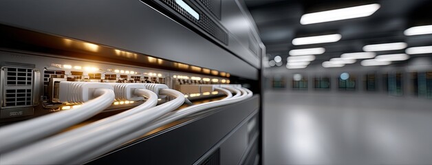 Naklejka premium Network cables connected to servers in a modern data center at night with illuminated LEDs and a sleek interior design