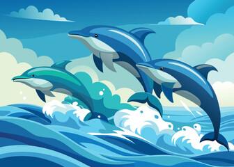 Graceful dolphin leaping illustration in CMYK with Helvetica and Courier fonts