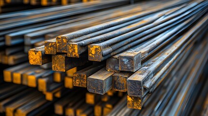 Close-up view of stacked steel bars in a warehouse, showcasing texture and industrial environment
