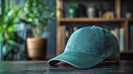 Green Baseball Cap on Wooden Table with Blurred Background