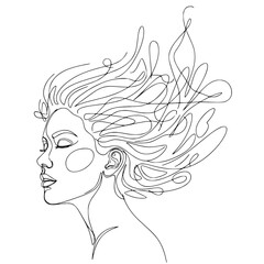 Minimalist continuous line art portrait of a woman’s side profile with abstract flowing hair. Perfect for fashion, beauty, and lifestyle designs
