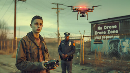 A young man looks worried as a police officer confronts him for flying a drone in a restricted area, with a "No Drone Zone" sign looming in the industrial background at dusk. Tense cinematic scene.