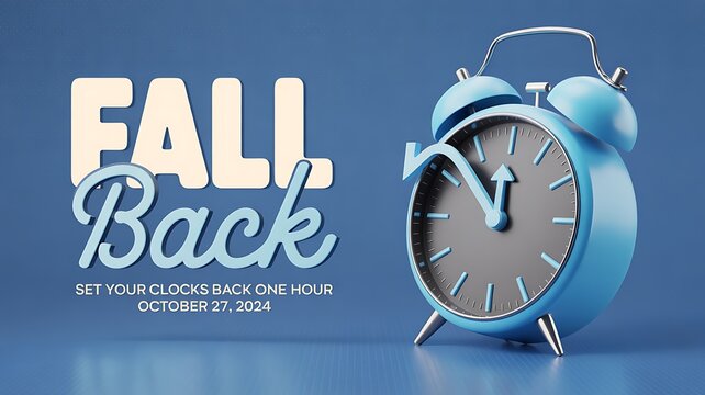 Photo of fall back reminder with vintage alarm clock and text on blue background - Powered by Adobe