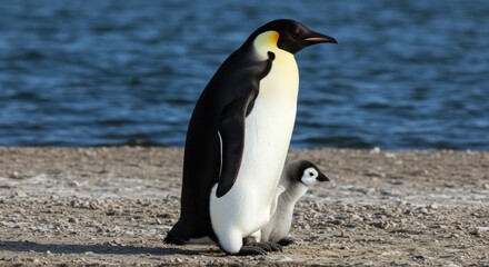 Obraz premium Emperor penguin and chick on beach