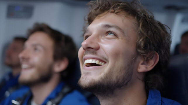 The joyful, weightless chaos inside a zero-gravity training flight (parabolic flight), with future astronauts laughing as they float around the cabin