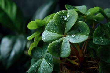 Close-up view of green shamrock leaves with droplets on a textured backdrop highlighting the beauty of nature in a serene environment