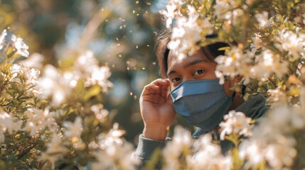 Young adult adjusting face mask near flowering shrubs during bright day in medium shot with pollen particles softly blurred symbolizing allergy season precautions.