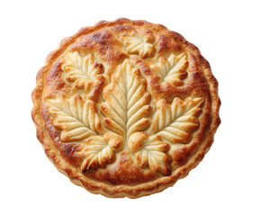 Delicious, golden pie with an exquisite leaf crust design, ready to be enjoyed.