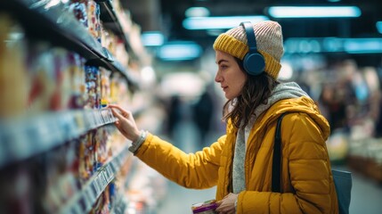 Medium shot of a shopper touching a product with headphones on background aisles blurred to depict managing fibromyalgia sensory sensitivity in a noisy grocery store.