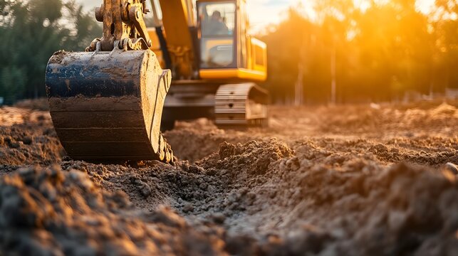 Excavator digging in a sunlit construction site with trees in the background, showcasing earthmoving action