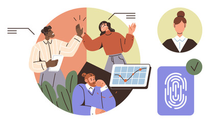 Diverse professionals collaborate, analyze a graph on a tablet, verify identity with fingerprint, and discuss projects. Ideal for teamwork, analytics, security, identity, productivity communication