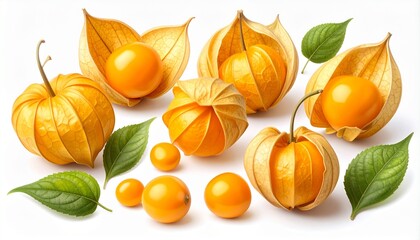 Golden Berries Physalis Group Studio Shot White Background.
