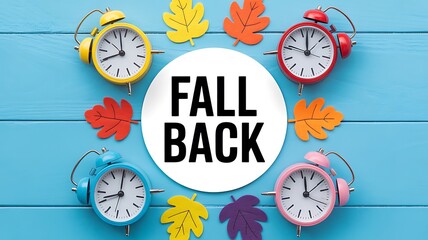 Photo of four colorful vintage alarm clocks arranged with autumn leaves around the central text fall back, signifying the end of daylight saving time